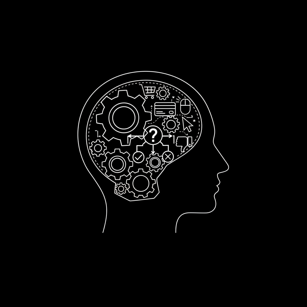 Ilustración de la mente de un consumidor online con engranajes y símbolos de decisión - alt="psicologia del consumidor online decisiones"