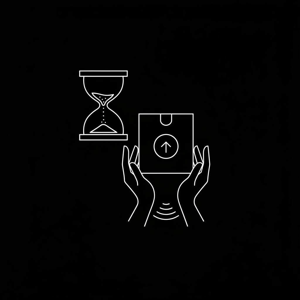 Icono de reloj de arena y un producto en las manos de un consumidor online - alt="escasez y urgencia en marketing digital"