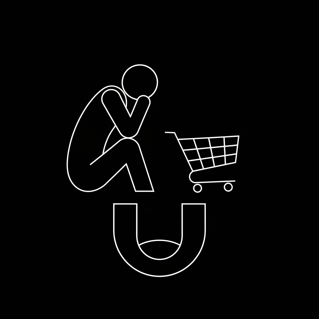 Persona lamentando una oportunidad perdida, con un carrito de compras vacío - alt="aversión a la pérdida en el comportamiento del consumidor"